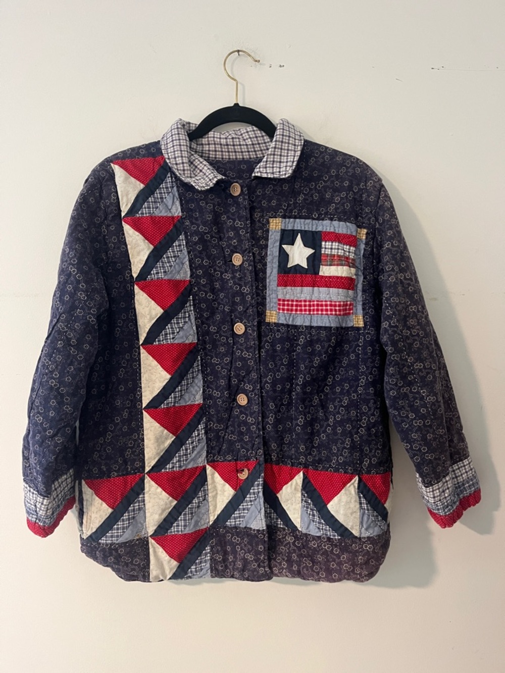 Vintage Handmade patchwork quilt jacket americana patriotic folk art coat women'